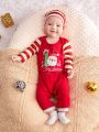 SHEIN Newborn Baby Boys' Cute Christmas Pattern Striped Patchwork Romper With Hat 2pcs/set