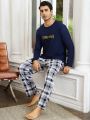 Men'S Letter Printed Long Sleeve Checkered Pants Homewear Set