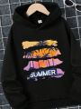 Boys' Youthful Sunset Summer Printed Hooded Sweatshirt With Warm Lining