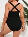 SHEIN SHEIN Swim SXY Plus Knot Front Crisscross One Piece Swimsuit