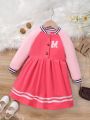 Young Girl Letter Graphic Striped Trim Raglan Sleeve Pleated Hem Dress