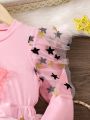 SHEIN Kids QTFun 2pcs/set Girls' Lovely Star Printed Mesh Long Sleeve T-shirt And Skirt Summer Outfits