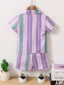 2pcs Baby Boy's Vertical Striped Printed Short Sleeve Shirt And Shorts Summer Outfits, Beach Vacation Style