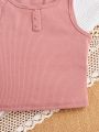 SHEIN Kids QTFun Girls' Knitted Solid Color Ribbed Open Front Casual Vest 2pcs/set