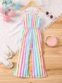SHEIN Kids SUNSHNE Toddler Girls' Striped Jumpsuit With Spaghetti Straps