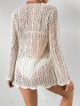 SHEIN Swim BohoFeel Women's Mesh Knit Tie-Front Cover-Up With Scallop Hemline