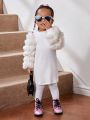 SHEIN Baby Girls' Casual Knitted Splicing Fringed Slim Long Sleeve Dress