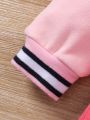 Young Girl Letter Graphic Striped Trim Raglan Sleeve Pleated Hem Dress