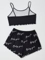 Letter Graphic Crop Cami Top & Bow Front Shorts PJ Set