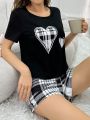 Women'S Summer Casual Pajama Set, Heart Print Short Sleeve Top And Plaid Shorts