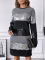 SHEIN LUNE Shiny Contrast Color Long Sleeve Dress