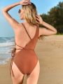 SHEIN Swim BAE Women's Solid Color Hollow Out One Piece Swimsuit For The Waist