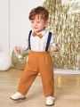 SHEIN Baby Boy Striped Bow Front Shirt & Suspender Pants