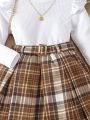 SHEIN Kids SUNSHNE Girls' Ruffle Neckline Blouse + Plaid Pleated Skirt + Hat 3pcs Set