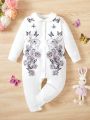 Fashionable Baby Girls' Romper With Cute Rabbit Print, Doll Collar And Long Sleeves