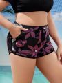 SHEIN Swim SPRTY Plus Size Women'S Leaf Print Swim Shorts With Diagonal Pocket