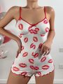 Lip-Print Mesh Patchwork Sexy Slim Fit Romper With Spaghetti Straps