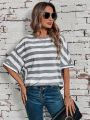 SHEIN LUNE Women's Round Neck Striped T-shirt