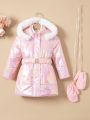 SHEIN Kids EVRYDAY Young Girl Fuzzy Trim Hooded Belted Puffer Coat