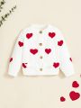 SHEIN Baby's Casual Loose Fit Long Sleeve Button Down Round Neck Knitted Cardigan With Heart Pattern