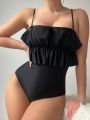 SHEIN Swim Chicsea Solid Color Ruffle Trimmed High Cut One-piece Swimsuit