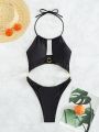 SHEIN Swim SXY Women's Black Halterneck Ring Decor One Piece Swimsuit