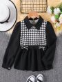 SHEIN Kids EVRYDAY Tween Girl Houndstooth Print Bow Front Peplum Blouse