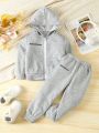 SHEIN Kids FANZEY Young Girl Embroidery Letter Pattern Zip Up Hoodie & Sweatpants