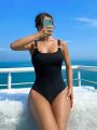 SHEIN Swim Basics Women's One Piece Swimsuit With Circular Detail, Minimalist Style