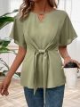 Ladies' Solid Color Hollow Out Collar Tie-Front Shirt