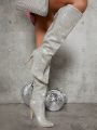 Rhinestone Detail Thigh High Boots