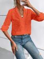 SHEIN VCAY Solid Color Embroidery & Burn-out Design Notch Neckline Shirt