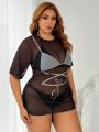 SHEIN Swim BAE Plus Size Women'S Sheer Mesh Short Sleeve Cover Up