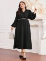 SHEIN Modely Plus Size Crystal Embellished Lantern Sleeves Dress (belt Not Included)