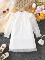 SHEIN Kids CHARMNG Little Girls' Romantic Gorgeous Style Dress With Mesh And Ruffle Detail At Shoulder And Cuff