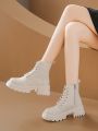 Women's Fashion Boots Plus Size Thick-soled Lace-up Trendy Boots New Korean Pu Leather Mid-calf Soft Bottom Comfortable Boots