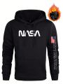 Men's Plus Size Usa Flag & Slogan Print Hoodie With Warm Lining