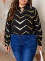 SHEIN Frenchy Large Size Wavy Striped Keyhole Collar Long-sleeved Shirt