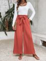 SHEIN VCAY Ladies' Solid Color Big Round Collar T-shirt With Paper Bag Waist Belt And Wide Leg Pants Two Piece Set