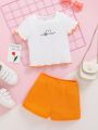 SHEIN Baby Girl's Heartbeat Pattern Color Block Top And Shorts Set With Ruffled Hem