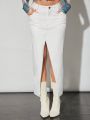 SHEIN BAE White Clean-Colored Asymmetrical Hem High Slit Denim Maxi Skirt With Low Waist Design For Summer Going Out