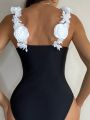 SHEIN Swim Chicsea One Piece Swimsuit With Color-Blocking Design And 3d Flower Decorative Shoulder Straps