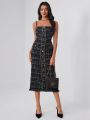 JALISSE AMBROSIA Plaid Pattern Raw Hem Button Front Tweed Cami Dress