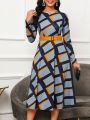 SHEIN Lady Women's Geometric Pattern Belted Swing Dress