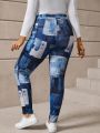 Plus Size Pants With Slanted Pockets And Patchwork Pattern Design