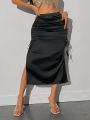 SHEIN ICON Ladies' Solid Black Pleated Design Long Skirt