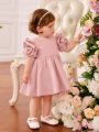 SHEIN Baby Girls Solid Ruffle Hem Floral Embroidery Dress, Perfect For Birthday & Party & Banquet