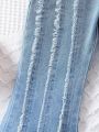 Girls' Y2k Style Trendy Street Cool Elastic High Waist Light Blue Washed Jeans With Frayed Hem And Split Detail