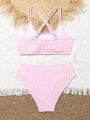 Teenage Girls' Cross Back Texture Bikini Swimwear Set