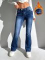 Women's Flared Jeans With Washed Denim And Fleece Lined Design